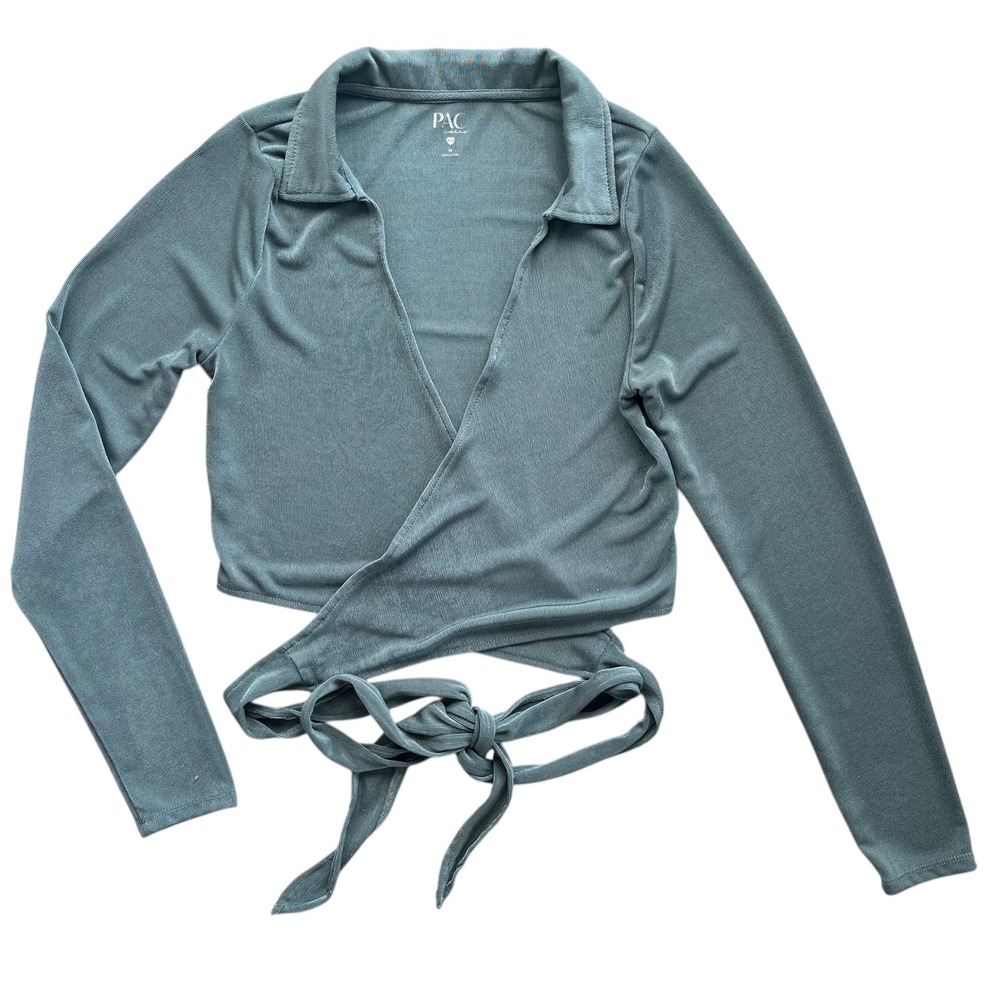 PAC Sun Women's M Teal Green Collar Wrap Crop Top Long Sleeve Tie Waist Boho Eco